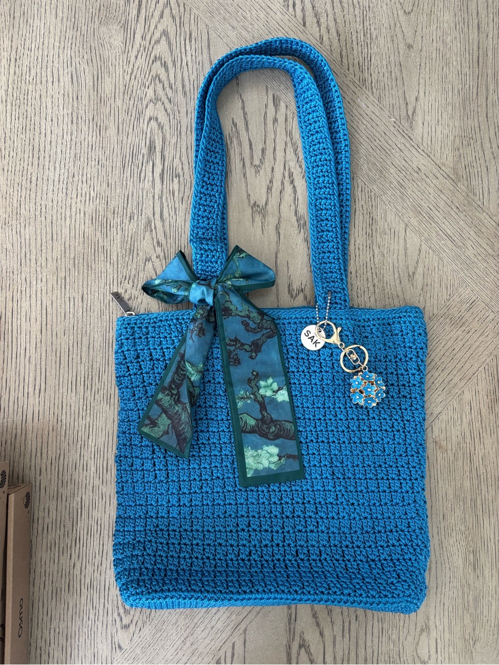 The Sak Blue Crochet Tote Shoulder Bag NWOT Floral Scarf Charm Zip Top